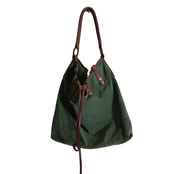 Lucky Brand Green Suede Brown Leather Trim Hobo Bucket Shoulder Bag 19"x14"x4" - Picture 5 of 13